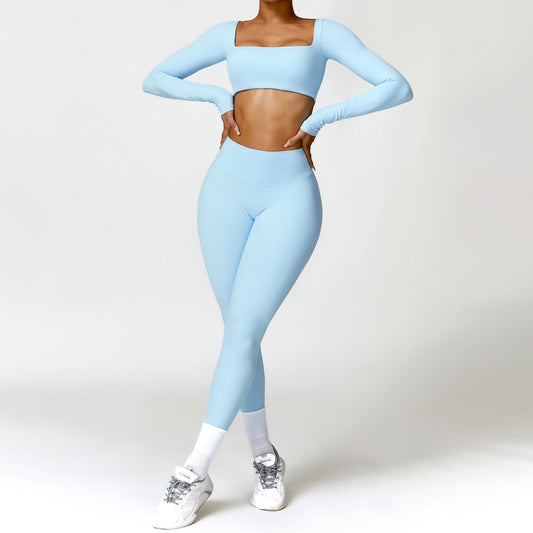 Nude long sleeve crop top + high waist Legging 2-piece set