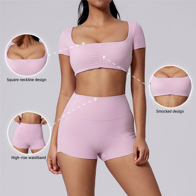 Short sleeve sports crop top + High-waist shorts 2-piece set