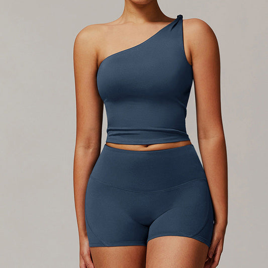 Brushed one shoulder sports top + High-waisted shorts 2-piece set