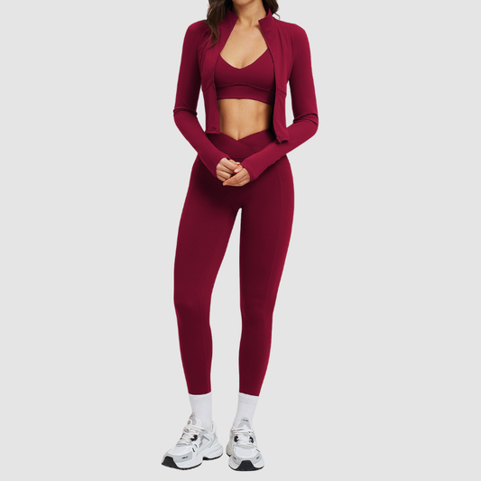 Wholesale stand-collar jacket+leggings+ sports bra 3-piece set