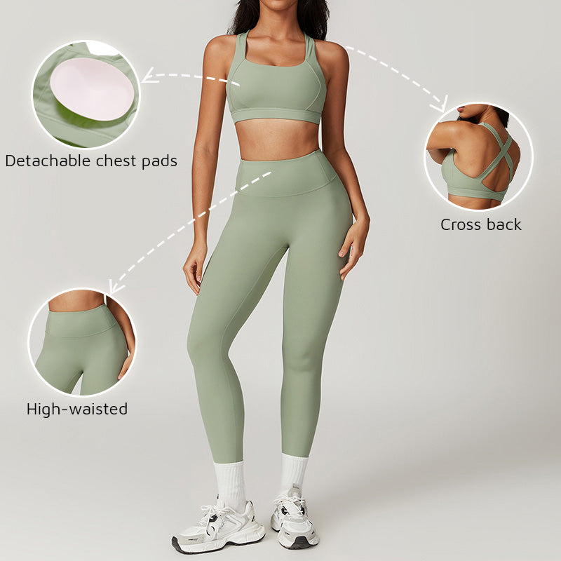 cross back Sports Bra + High-waisted leggings 2-Piece Set