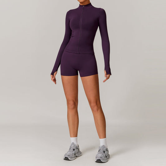 Seamless Full Zipper Fitness jackets + high waist shorts 2-piece set