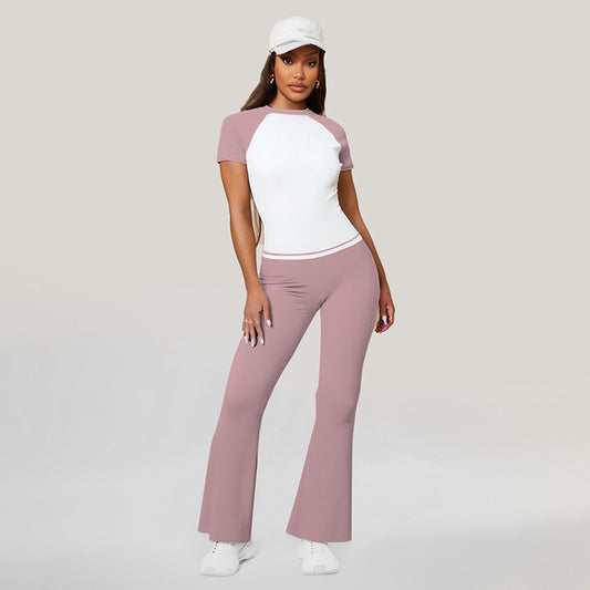 Top à manches courtes contrasté + pantalon de jambe évasée sportive + bande de 3 pièces du bandeau