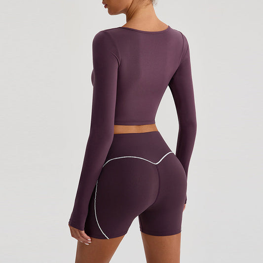 Snug-fit U-neck Cropped Long Sleeves + High-waisted Shorts 2-Piece Set