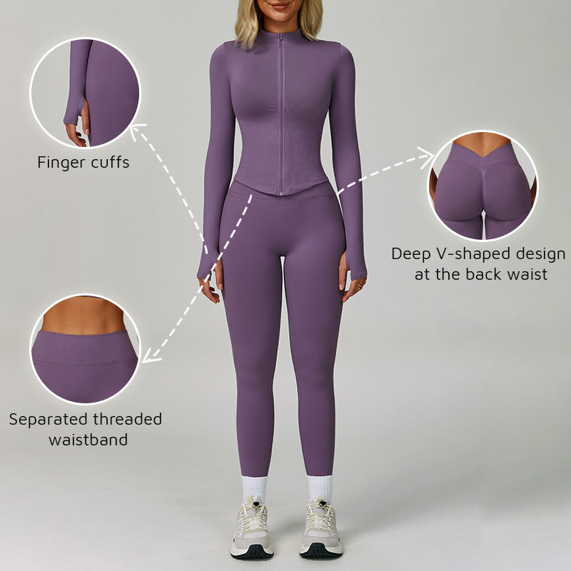 Long Sleeve Full Zipper Jacket + High-waisted leggings 2-piece Set