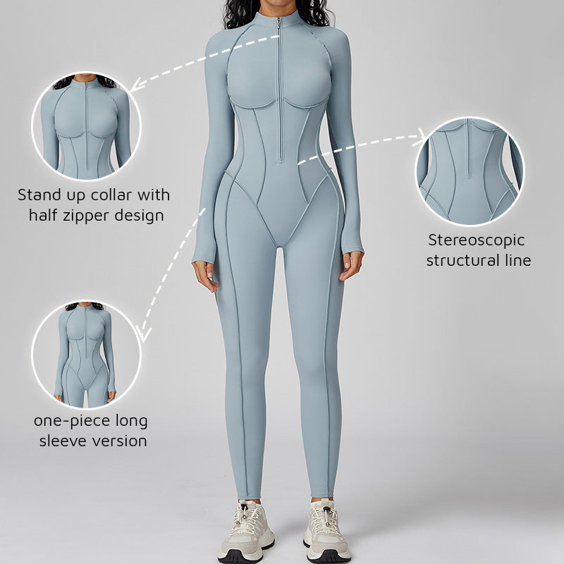 Brushed line long sleeve and half zipper jumpsuits