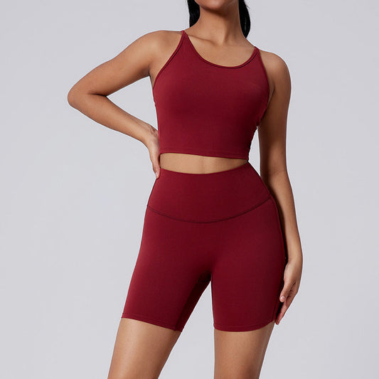 Thin straps yoga tank top + High-waisted shorts 2-piece set