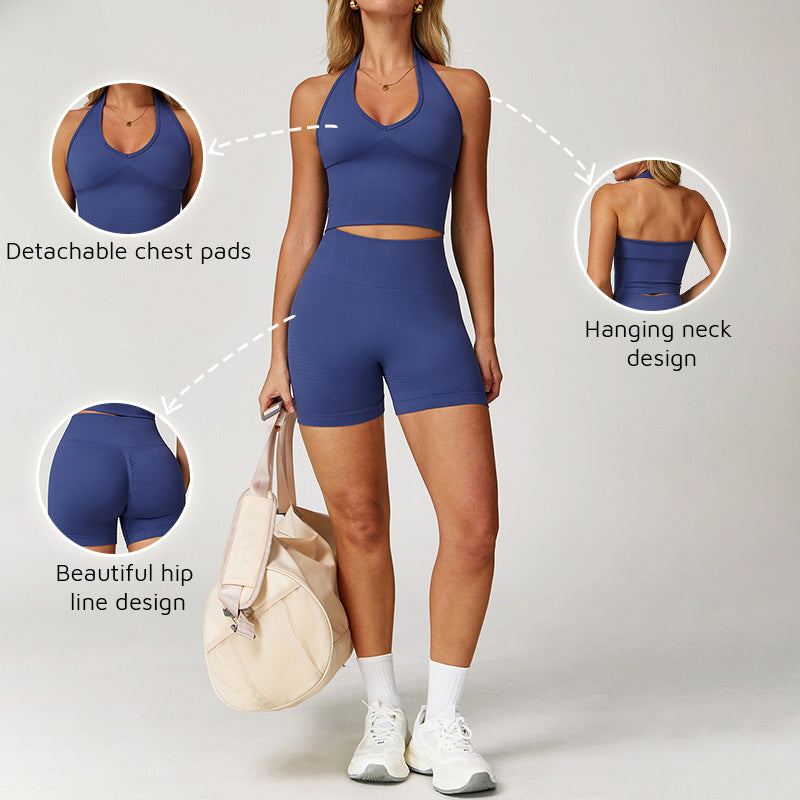 Seamless Halterneck Threaded Yoga Bra + Shorts Set