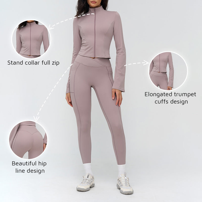 Stand-up collar yoga jacket + side pocket design leggings 2-piece set
