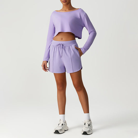 Quick-Drying Cropped Long Sleeves + Drawstring Shorts 2-Piece Set