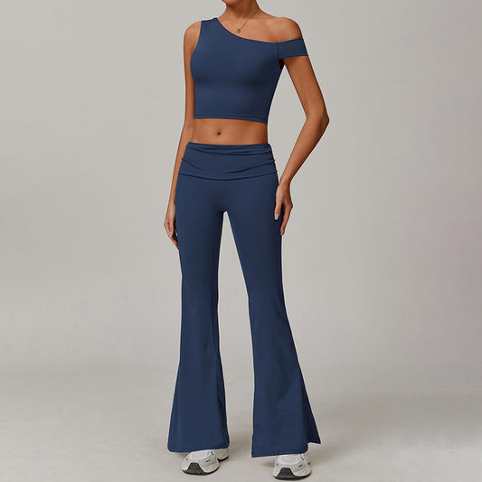 Irregular one shoulder tank top + Flared Leg pants 2-piece set