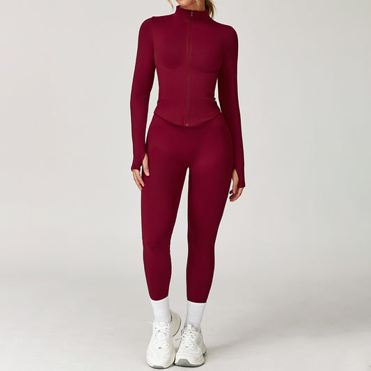 Seamless Long Sleeve Full Zipper Jacket + leggings 2-piece Set