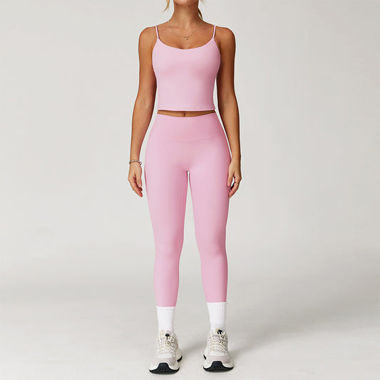 Tapa del tanque de correas delgadas cepilladas + Leggings de cintura alta de 2 piezas