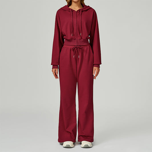 Loose hooded and full zipper Sweatshirt + drawstring Sweatpants 2 pieces set