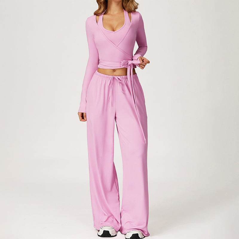 V-neck crop top+Open-back sleeveless crop+HIGH WAIST LEGGINGS 3-PIECE SET