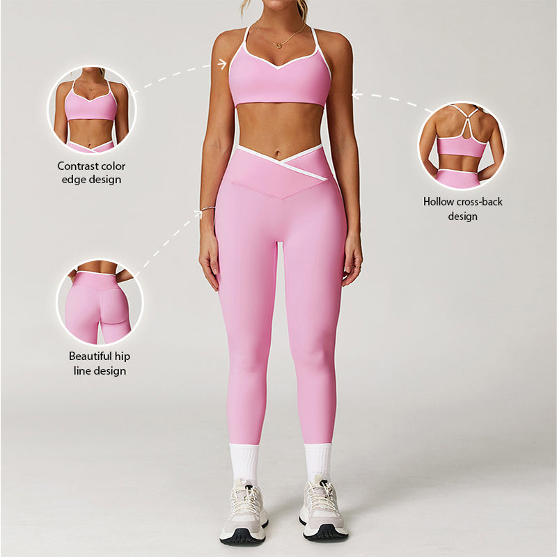 Contrasting Color Sports Bra + High Waist leggings 2-piece Set