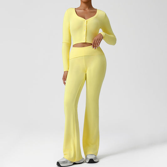 Snug-Fit Cropped Long Sleeve + Flared Leg Pants 2-Piece Set