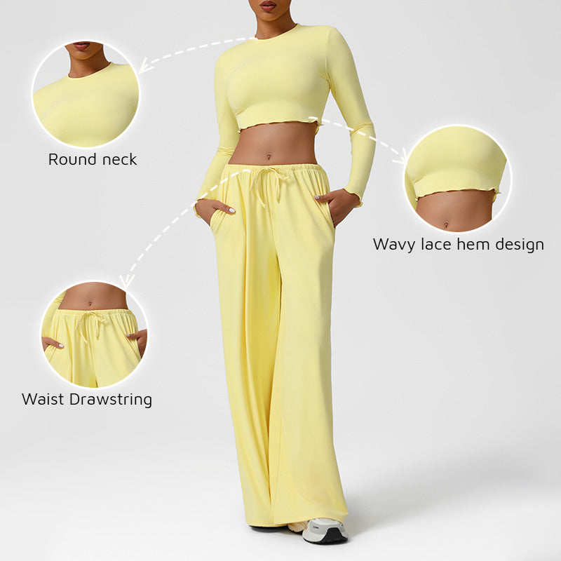 Snug-Fit Cropped Long Sleeves + Loose Drawstring Wide-Leg Pants 2-Piece Set