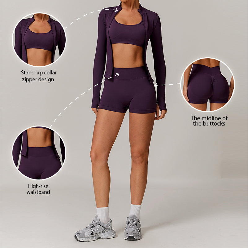 Seamless yoga bra + Full Zipper jackets + high waist shorts 3-piece set