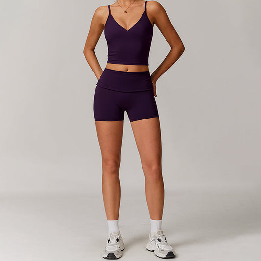 V-shape neck and thin straps tank top + High-waisted shorts 2-piece set