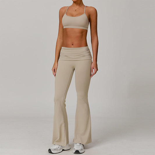 Cross Back and thin straps sports bras + Flared Leg pants 2-piece set