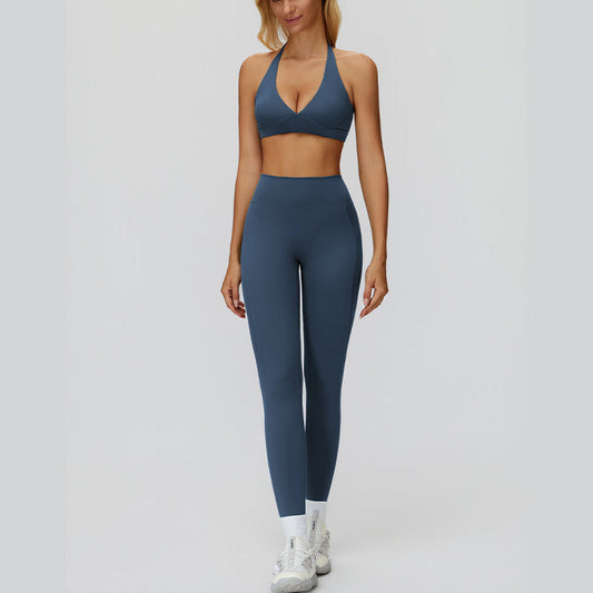 Halter sports bra+High waisted leggings 2-piece set
