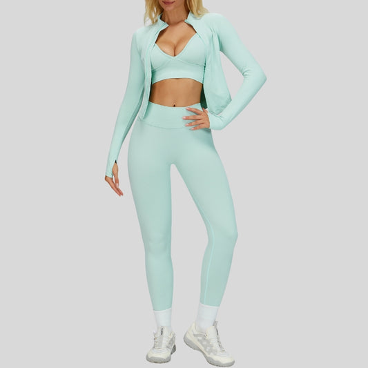 Sports Sports Sports sin costura + chaqueta con cremallera completa + leggings de cintura alta de 3 piezas