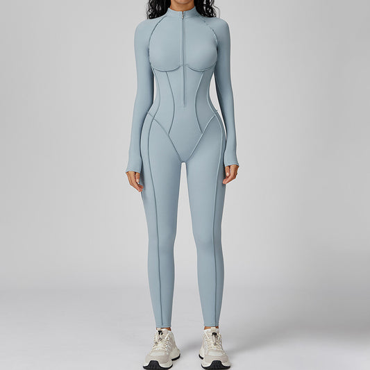 Brushed line long sleeve and half zipper jumpsuits