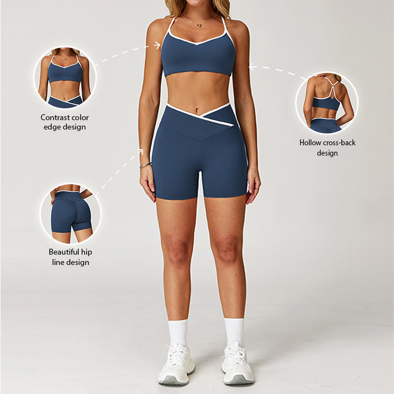 Contrasting Color Sports Bra + High Waist Shorts 2-piece Set