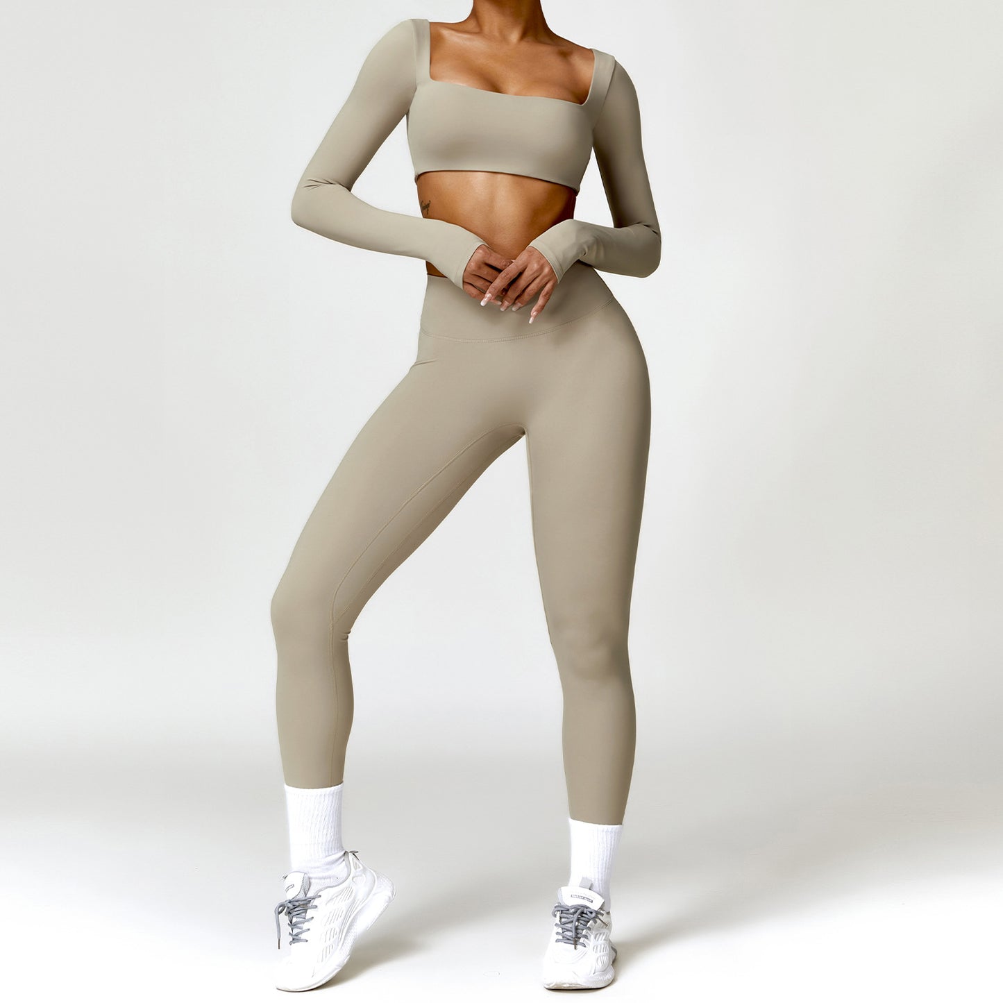Nude long sleeve crop top + high waist Legging 2-piece set