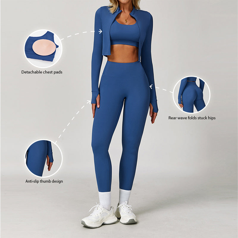 High-waisted Breathable Yoga Bra + Leggings + Jacket 3-piece Set