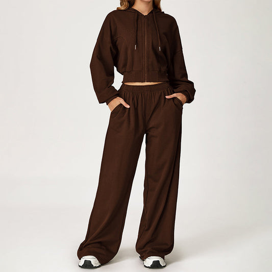 LOOSE HOODED AND FULL ZIPPER SWEATSHIRT + DRAWSTRING SWEATPANTS 2 PIECES SET