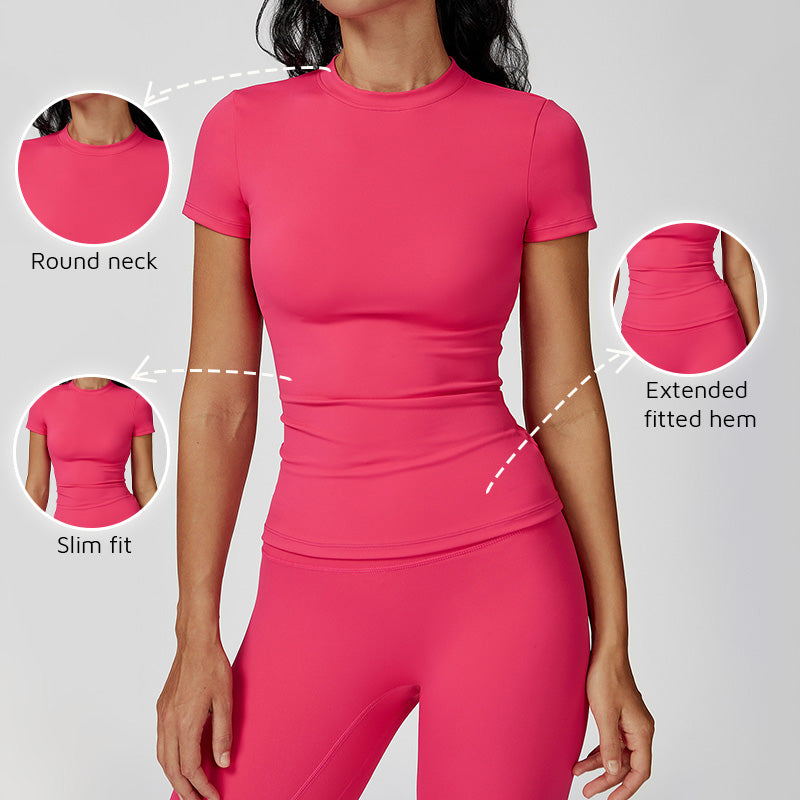 Brushed short sleeve and round neck yoga top