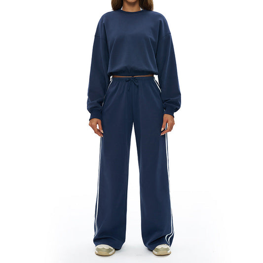 Round-neck long-sleeve sweatshirt+Contrast contrast loose sweatpants 2-piece set