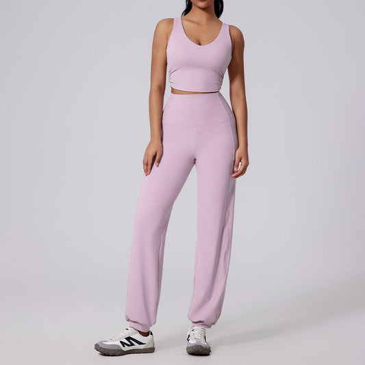Wide straps yoga tank top + High-waisted pants 2-piece set