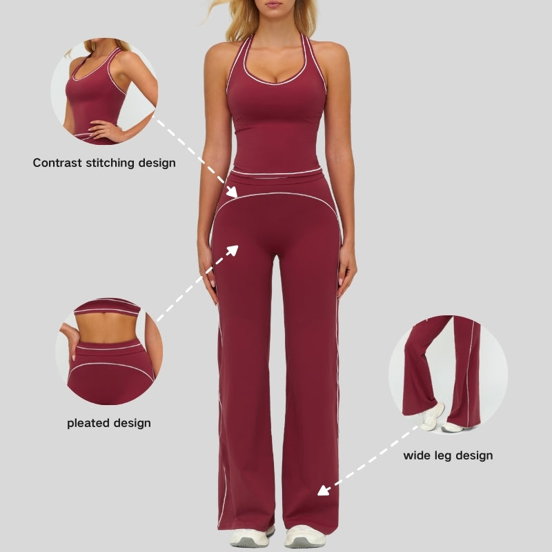 Contrasting racerback tank top+ High-waisted wide-leg pants 2-piece set