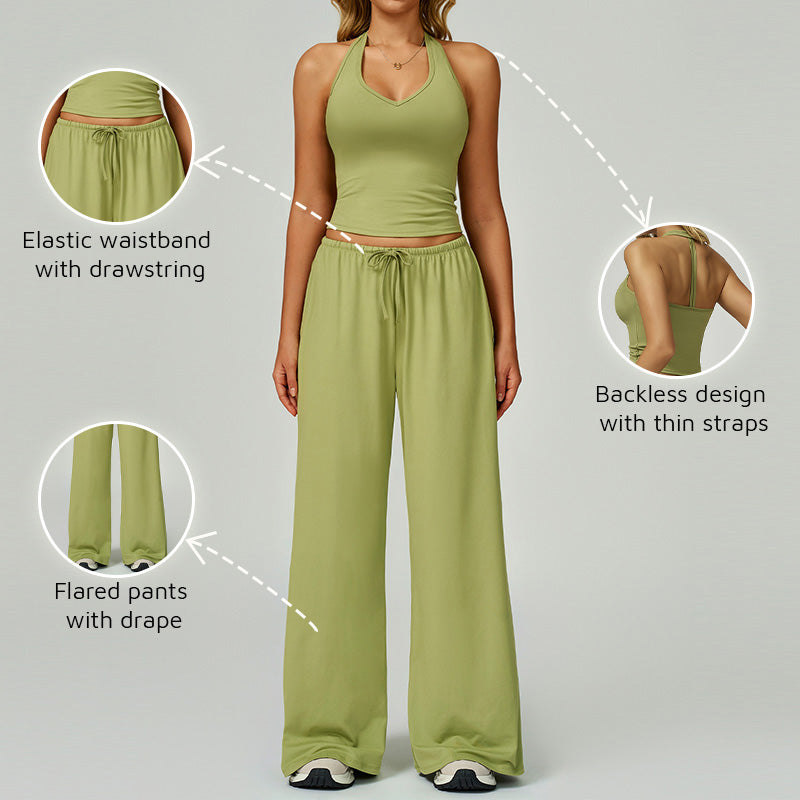 Halter sleeveless top And loose Straight Leg pants 2 pieces set