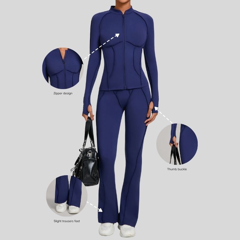 Thumb-buckle zipper jacket + slightly flared pants+2-piece set