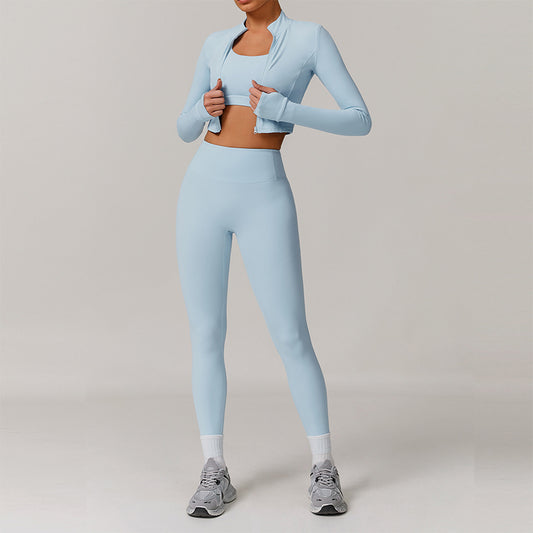 Sujetador de yoga de cintura alta + leggings + chaqueta set de 3 piezas