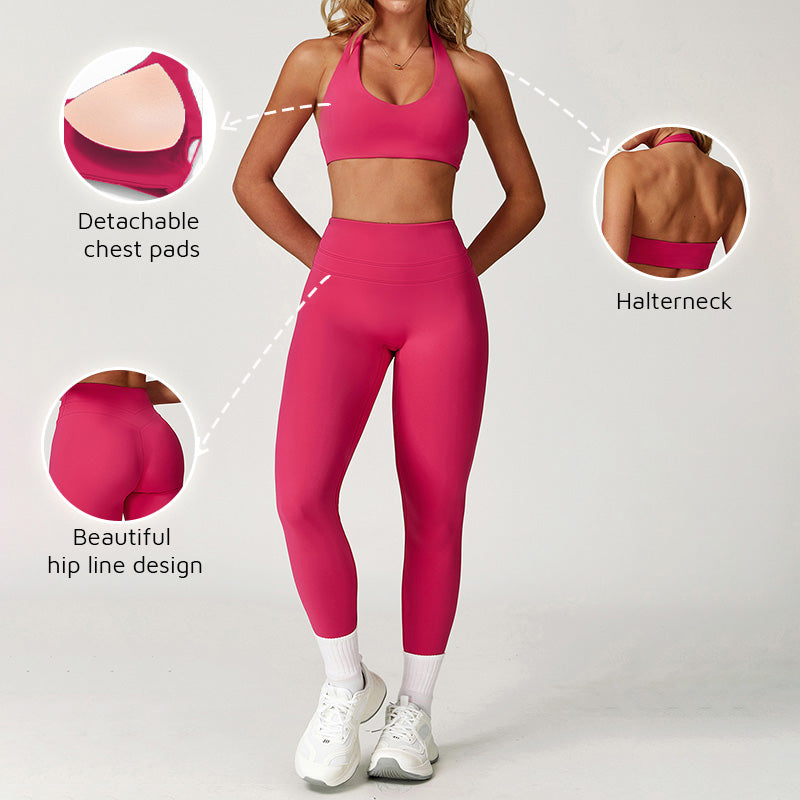 Brushed halter backless Sports Bra + High-Waist leggings 2-Piece Set