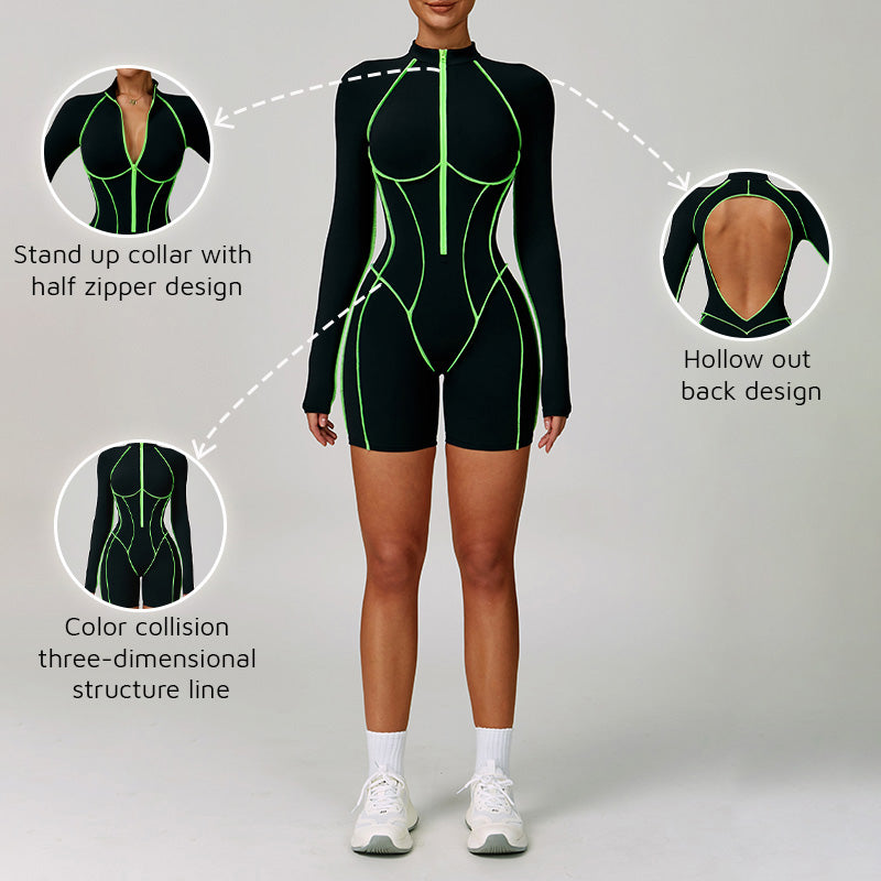 Color blocked long sleeve and backless jumpsuits