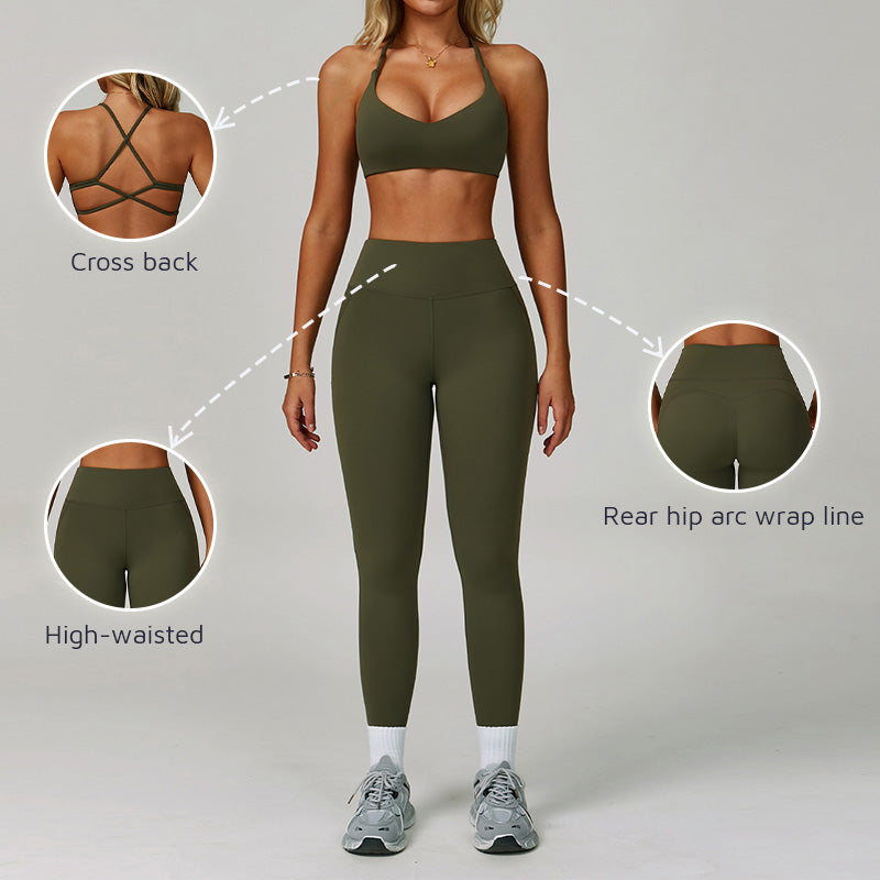 cross back Sports Bra + High-waisted leggings 2-Piece Set