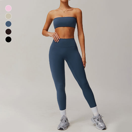 Top de tubo desnudo con sujetador deportivo+leggings atléticos sólidos 2 piezas establecidas