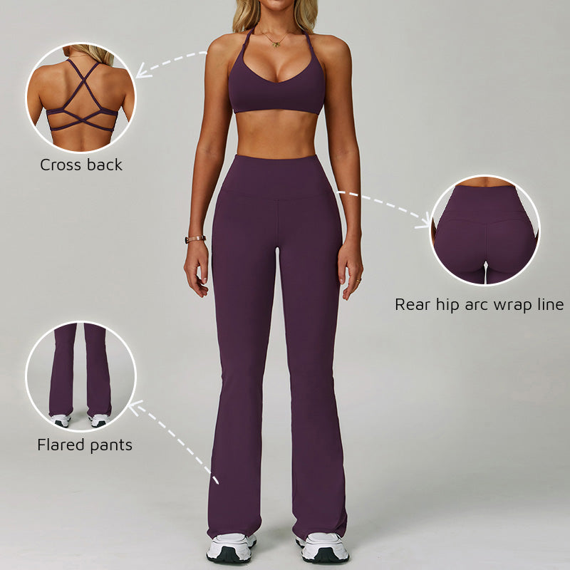 cross back Sports Bra + High-waisted Flared Leg pants 2-Piece Set