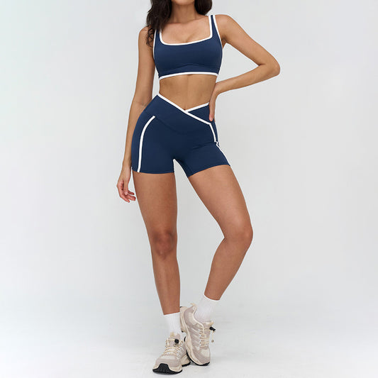 Women's contrasting color sports bra + high-waisted shorts 2-piece set