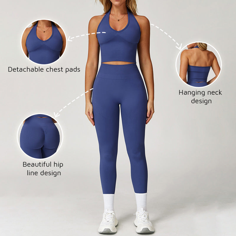 Seamless Halterneck Threaded Yoga Bra + Legging Set