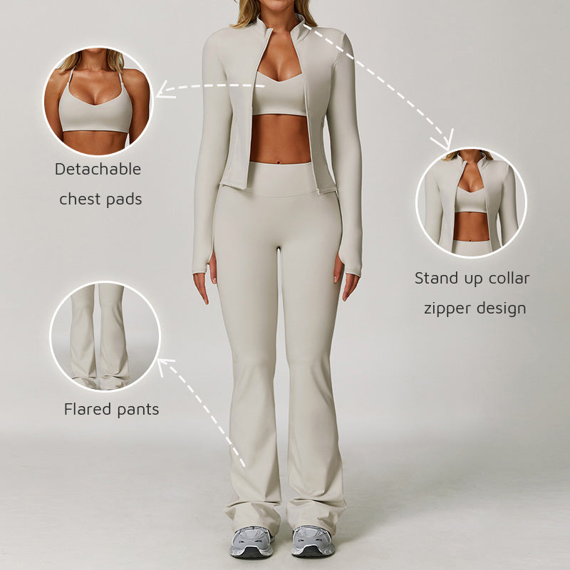 Brushed yoga bra + jacket + Flared Leg pants 3-piece set