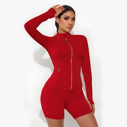 Nacktfitness -Reißverschluss -Ständer Kragen Sportjacke und kurzes Set