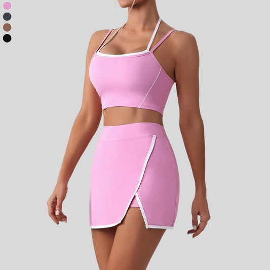 Faux two-piece bra + Faux two-piece A-line skirt 2-piece set