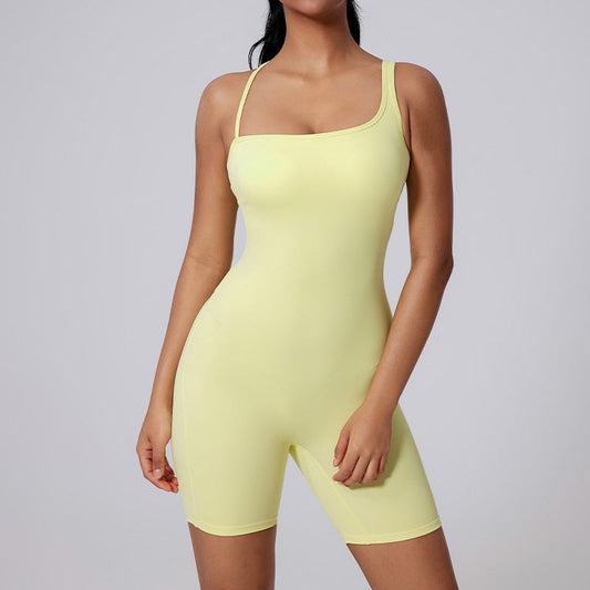 Asymmetric straps hollow back shorts sports jumpsuit